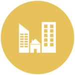 gold icon with various building types from homes to skyscrapers