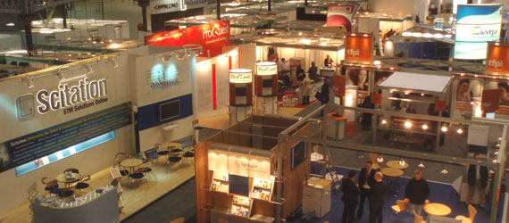 event registration - overhead shot of industry convention floor