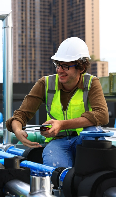 Man in safety vest and hard hat on a roof working on an HVAC system