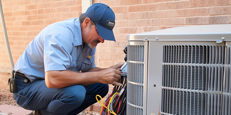 Man in uniform working on an air conditioner outside a home