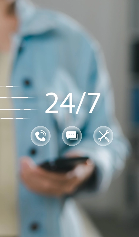 graphic showing 24/7 and various communication channel icons with a person in the background